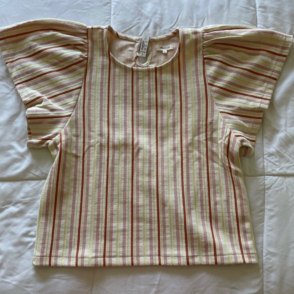 Madewell Striped Flutter Statement Sleeve Cropped Short Sleeve Shirt, Size Large